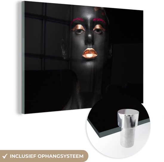 MuchoWow® Glasschilderij 150x100 cm - Schilderij acrylglas - Vrouw - Roze - Koper - Zwart - Foto op glas - Schilderijen