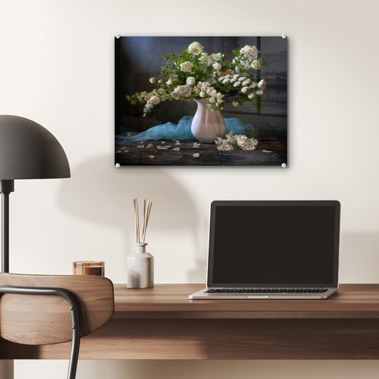 MuchoWow® Glasschilderij 40x30 cm - Schilderij acrylglas - Bloemen - Wit - Stilleven - Foto op glas - Schilderijen