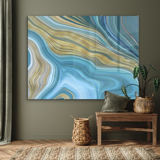 MuchoWow® Peinture sur verre 160x120 cm - Peinture sur verre acrylique - Marbre - Vagues - Or - Motifs - Photo sur verre - Peintures
