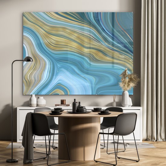 MuchoWow® Peinture sur verre 160x120 cm - Peinture sur verre acrylique - Marbre - Vagues - Or - Motifs - Photo sur verre - Peintures