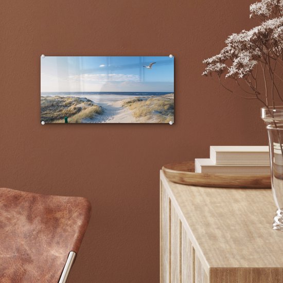 Peinture sur verre - Feuille acrylique - Mouette - Mer - Dunes - Décoration murale - 40x20 cm - Décoration d'intérieur - Peinture sur verre mer - Photo sur verre - Verre acrylique - Décoration murale