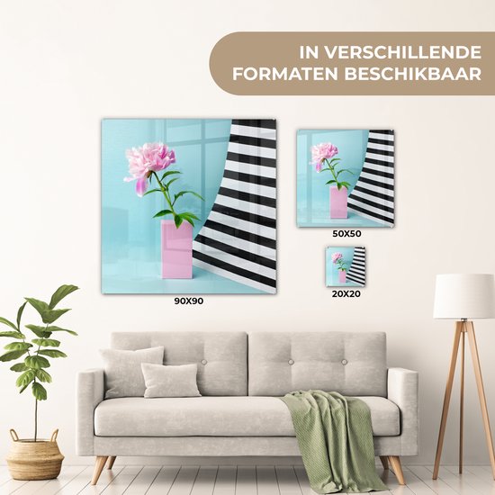 MuchoWow® Peinture sur verre 20x20 cm - Peinture sur verre acrylique - Pivoine rose sur fond bleu - Photo sur verre - Peintures