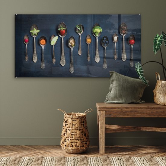 MuchoWow® Peinture sur verre 120x60 cm - Peinture sur verre acrylique - Herbes - Cuillère - Argent - Épices - Industriel - Photo sur verre - Peintures