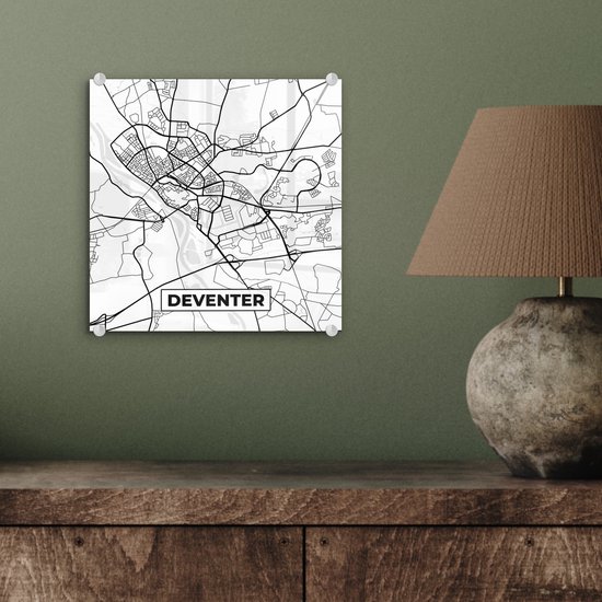 MuchoWow® Peinture sur Verre - Carte - Deventer - Zwart - Wit - 20x20 cm - Peintures sur Verre Acrylique - Photo sur Glas