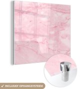 MuchoWow® Glasschilderij 90x90 cm - Schilderij acrylglas - Marmer - Roze - Textuur - Chic - Foto op glas - Schilderijen