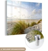 MuchoWow® Glasschilderij 80x60 cm - Schilderij acrylglas - Strand - Zee - Vogels - Foto op glas - Schilderijen