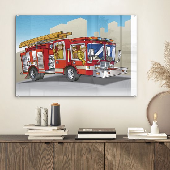 ® Glasschilderij 60x40 cm - Schilderij acrylglas - Kinderillustratie van brandweermannen in brandweerauto - Foto op glas - Muurdecoratie woonkamer - Wanddecoratie slaapkamer - Schilderijen