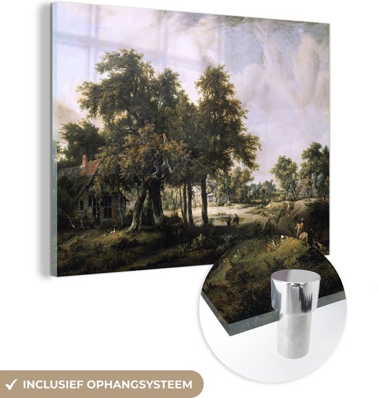 MuchoWow® Glasschilderij 160x120 cm - Schilderij acrylglas - Boslandschap met boerenhoeven - schilderij van Meindert Hobbema - Foto op glas - Schilderijen