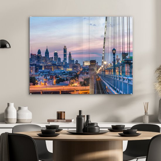 Le coucher de soleil de Philadelphie aux Etats-Unis vu du pont Benjamin Franklin Plexiglas 80x60 cm - Tirage photo sur Glas (décoration murale en plexiglas)