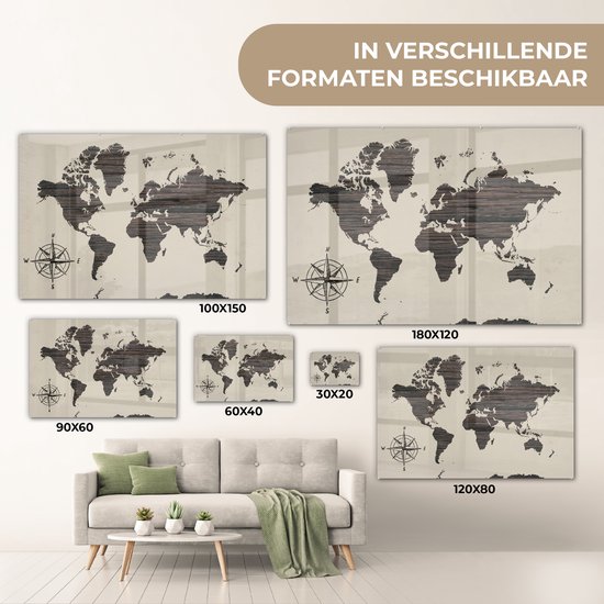 Peinture sur Verre - Carte du Wereldkaart - Bois - Rose des Vents - 120x80 cm - Peintures sur Verre Peintures - Photo sur Glas