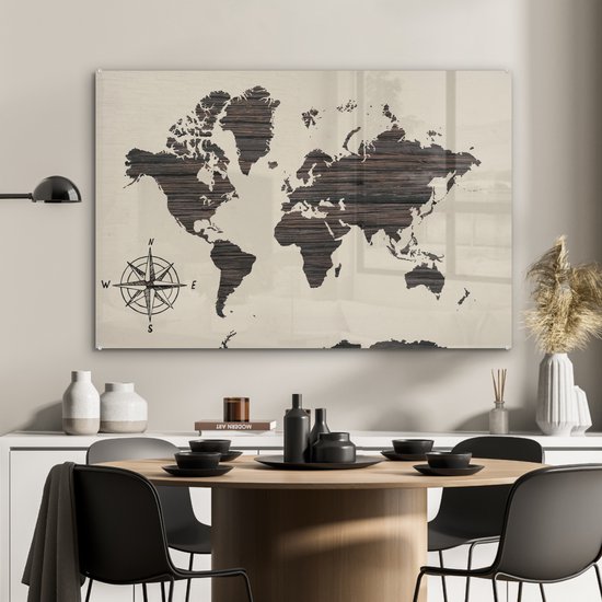 Peinture sur Verre - Carte du Wereldkaart - Bois - Rose des Vents - 120x80 cm - Peintures sur Verre Peintures - Photo sur Glas