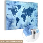 MuchoWow® Glasschilderij 180x120 cm - Schilderij acrylglas - Wereldkaart - Blauw - Krant - Foto op glas - Schilderijen