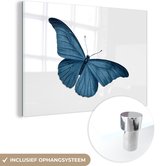 MuchoWow® Glasschilderij 30x20 cm - Schilderij acrylglas - Vlinder - Dieren - Blauw - Foto op glas - Schilderijen