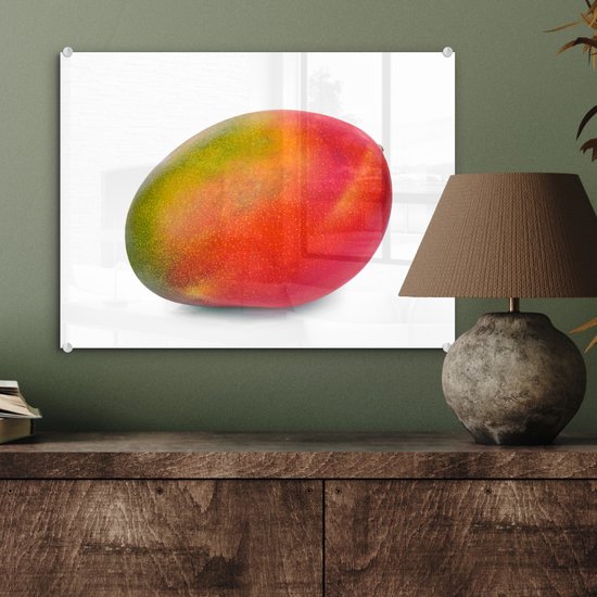 ® Glasschilderij 40x30 cm - Schilderij acrylglas - Groene en oranje mango op witte achtergrond - Foto op glas - Muurdecoratie woonkamer - Wanddecoratie slaapkamer - Schilderijen