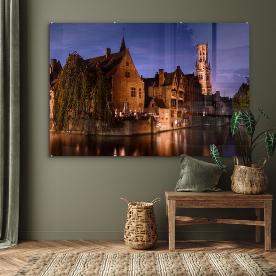 ® Glasschilderij 180x120 cm - Schilderij acrylglas - De Rozenhoedkaai en de Belfort van Brugge in de avond - Foto op glas - Muurdecoratie woonkamer - Wanddecoratie slaapkamer - Schilderijen
