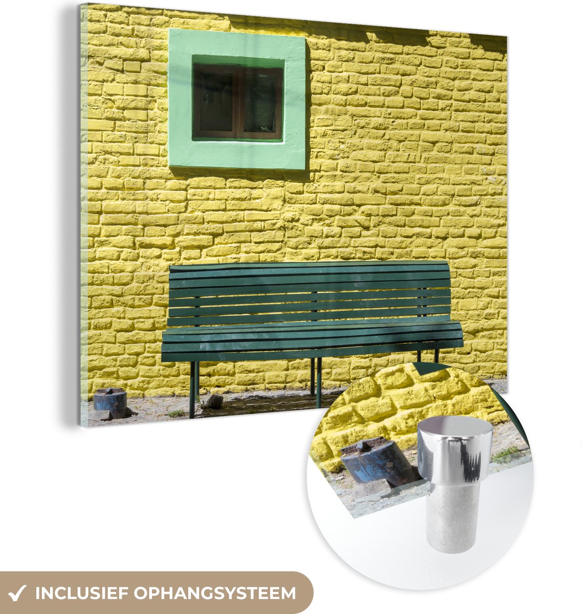 ® Glasschilderij 40x30 cm - Schilderij acrylglas - Groene tuinbank aan een huis in Caminit