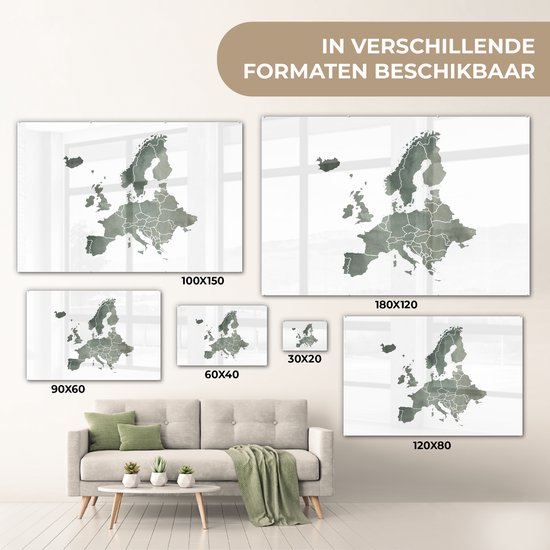 ® Glasschilderij 60x40 cm - Schilderij acrylglas - Kaart Europa - Waterverf - Grijs - Foto op glas - Muurdecoratie woonkamer - Wanddecoratie slaapkamer - Schilderijen
