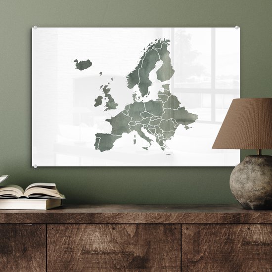 ® Glasschilderij 60x40 cm - Schilderij acrylglas - Kaart Europa - Waterverf - Grijs - Foto op glas - Muurdecoratie woonkamer - Wanddecoratie slaapkamer - Schilderijen