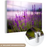 MuchoWow® Glasschilderij 150x100 cm - Schilderij acrylglas - Lavendel met bij - Foto op glas - Schilderijen