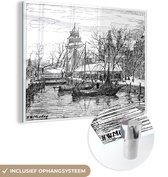 Peinture sur verre - Dessin Zwart et blanc de bateaux à Groningue au Vismarkt - 80x60 cm - Peintures sur Verre Peintures - Photo sur Glas