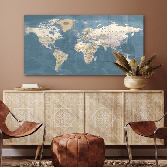 MuchoWow® Peinture sur Verre - Wereldkaart - Atlas - Blauw - 120x60 cm - Peintures sur Verre Acrylique - Photo sur Glas