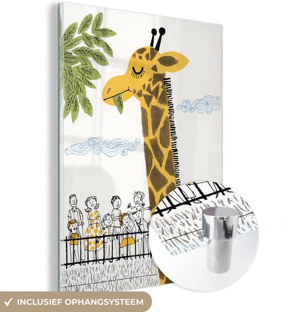 MuchoWow® Glasschilderij 30x40 cm - Schilderij acrylglas - Een illustratie van een giraffe in de dierentuin - Foto op glas - Schilderijen