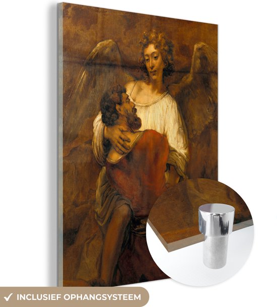 MuchoWow® Glasschilderij 30x40 cm - Schilderij acrylglas - Jakob worstelend met een engel - Rembrandt van Rijn - Foto op glas - Schilderijen