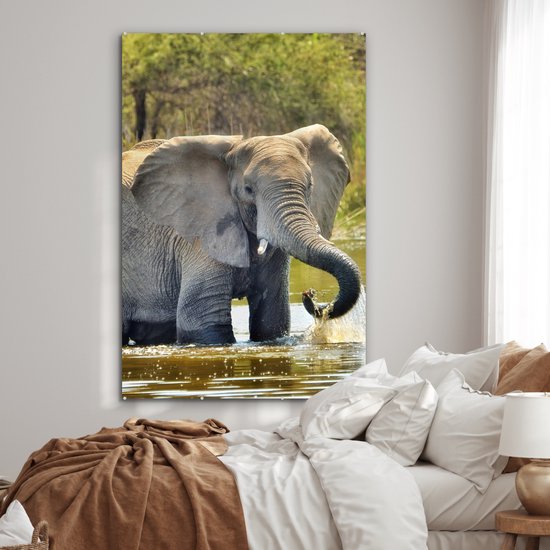 MuchoWow® Peinture sur verre 100x150 cm - Peinture sur verre acrylique - Éléphant - Water - Animaux - Nature - Photo sur verre - Peintures