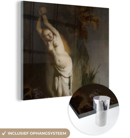 MuchoWow® Glasschilderij 90x90 cm - Schilderij acrylglas - Andromeda aan de rots geketend - Schilderij van Rembrandt van Rijn - Foto op glas - Schilderijen