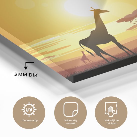 ® Glasschilderij 40x30 cm - Schilderij acrylglas - Illustratie van een Afrikaanse zonsondergang met een giraffe en olifant - Foto op glas - Muurdecoratie woonkamer - Wanddecoratie slaapkamer - Schilderijen