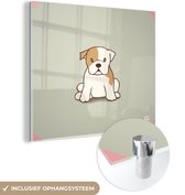MuchoWow® Glasschilderij 50x50 cm - Schilderij acrylglas - Een illustratie van een puppy van een buldog - Foto op glas - Schilderijen