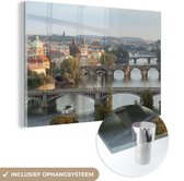 MuchoWow® Glasschilderij 30x20 cm - Schilderij acrylglas - Boot - Brug - Praag - Foto op glas - Schilderijen