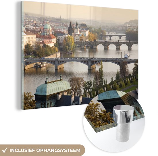 MuchoWow® Peinture sur verre 90x60 cm - Peinture sur verre acrylique - Ponts - Prague - Après-midi - Photo sur verre - Peintures