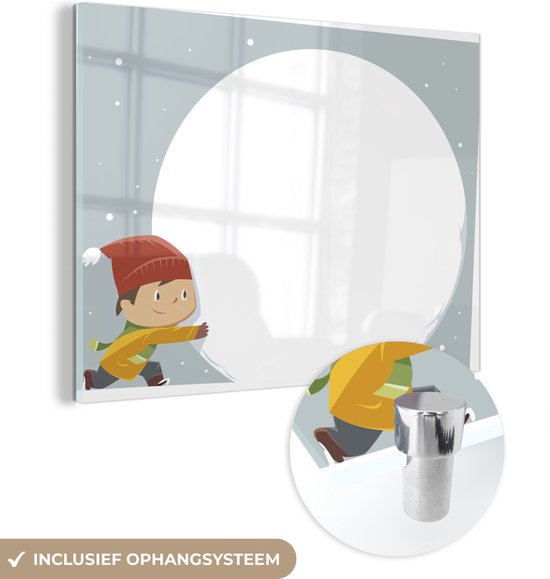 MuchoWow® Peinture sur Verre - Une Illustration d'un Enfant avec une énorme Boule de Neige - 160x120 cm - Peintures sur Verre Acrylique - Photo sur Glas