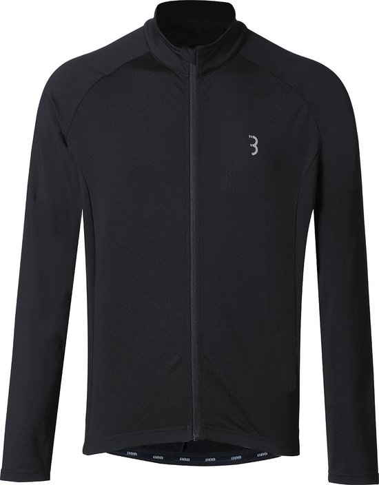 Zwart fietsshirt met lange mouwen, ritssluiting aan de voorkant en een klein logo.
