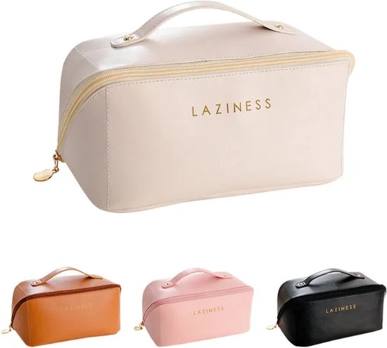 Make-uptas in beige, roze, bruin en zwart met gouden 'LAZINESS' opdruk.