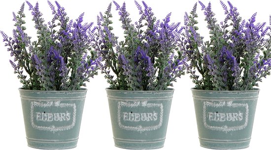 Items Lavendel bloemen kunstplant in bloempot - 3x - paarse bloemen - 14 x 27 cm - bloemstuk