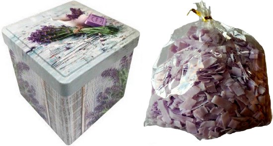Metalen zeepblik vierkant met opdruk Brin Lavande met zeepvlokken lavendel – Vintage voorraadblik – Franse handzeep – Marseille zeep Marseillezeep