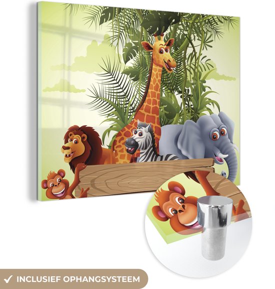 MuchoWow® Glasschilderij 120x90 cm - Schilderij acrylglas - Jungle dieren - Natuur - Planken - Kinderen - Giraffe - Foto op glas - Schilderijen