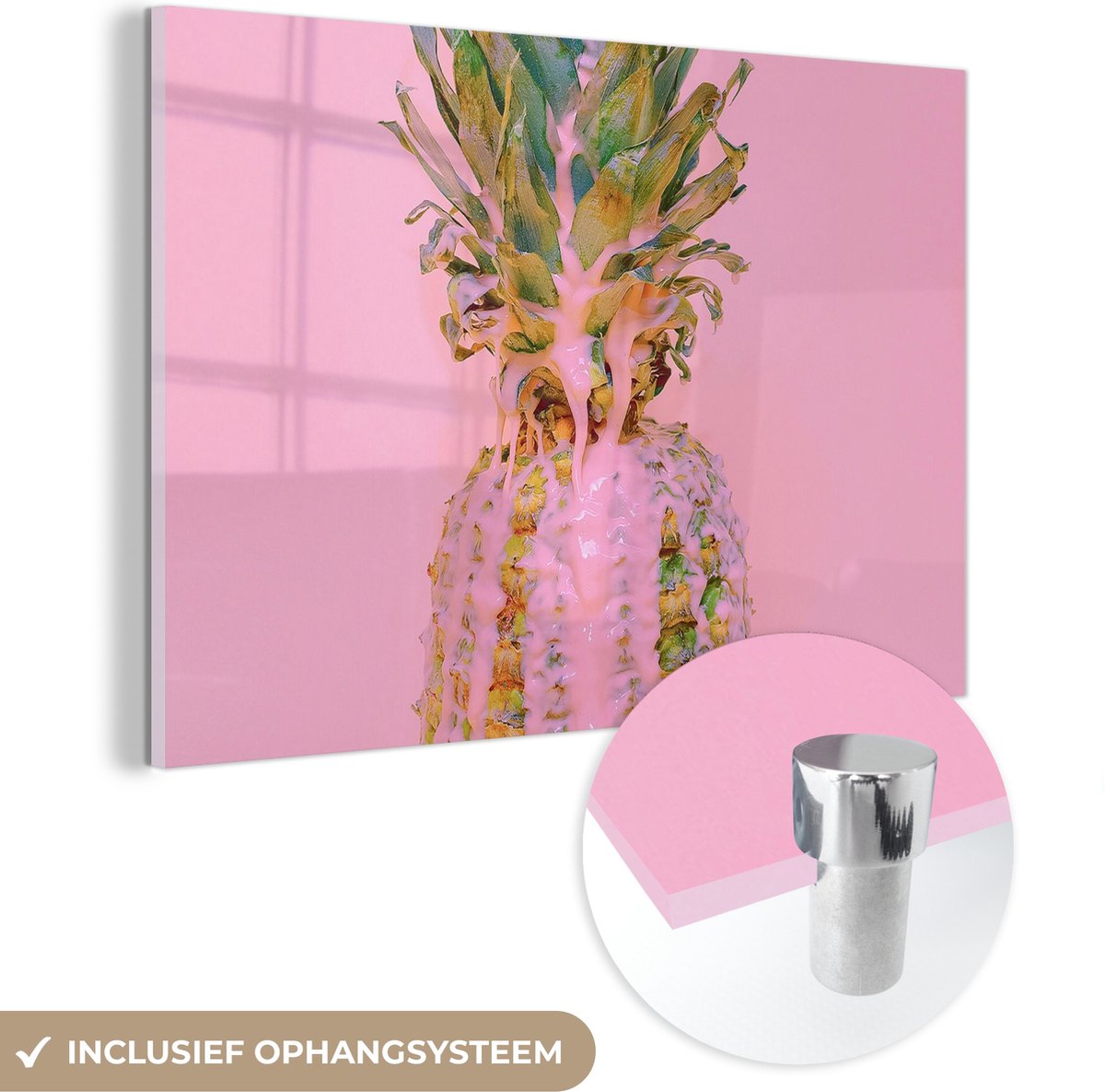MuchoWow® Glasschilderij 60x40 cm - Schilderij acrylglas - Verf - Ananas - Roze - Zomer - Foto op glas - Schilderijen