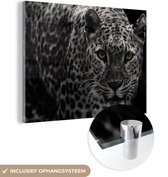 MuchoWow® Glasschilderij 80x60 cm - Schilderij acrylglas - Luipaard - Zwart - Wit - Foto op glas - Schilderijen