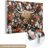 MuchoWow® Glasschilderij 30x20 cm - Schilderij acrylglas - Schotse hooglander - Bloemen - Zwart - Wit - Foto op glas - Schilderijen