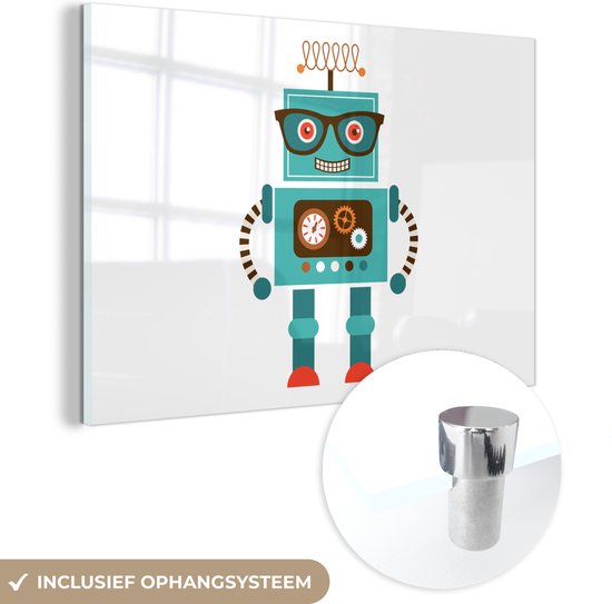 MuchoWow® Glasschilderij 60x40 cm - Schilderij acrylglas - Robot - Bril - Tandwielen - Gezicht - Jongens - Kids - Foto op glas - Schilderijen