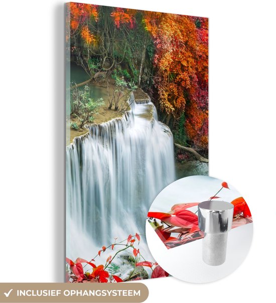 MuchoWow® Glasschilderij 40x60 cm - Schilderij acrylglas - Bomen - Waterval - Herfst - Natuur - Foto op glas - Schilderijen