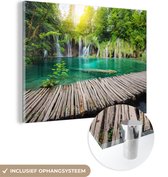 MuchoWow® Glasschilderij 40x30 cm - Schilderij acrylglas - Brug - Waterval - Natuur - Foto op glas - Schilderijen