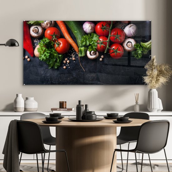 MuchoWow® Peinture sur Verre - Légumes - Herbes - Épices - Zwart - Rustique - Cuisine - 120x60 cm - Peintures sur Verre Peintures - Photo sur Glas