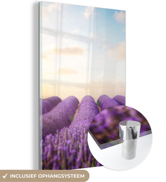 MuchoWow® Glasschilderij 20x30 cm - Schilderij acrylglas - Lavendel - Lucht - Wolken - Bloemen - Foto op glas - Schilderijen