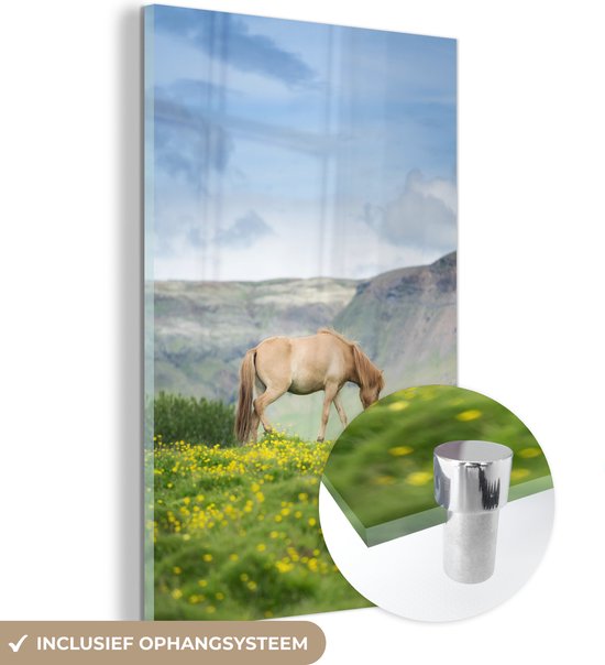 MuchoWow® Glasschilderij 100x150 cm - Schilderij acrylglas - Paarden - Bloemen - Zomer - Foto op glas - Schilderijen