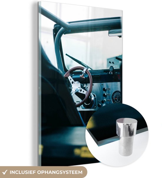 MuchoWow® Glasschilderij 20x30 cm - Schilderij acrylglas - Auto - Stuur - Dashboard - Foto op glas - Schilderijen