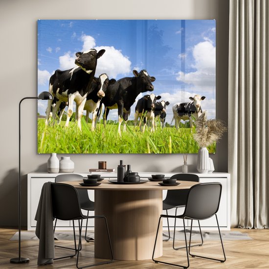 MuchoWow® Peinture sur verre 160x120 cm - Peinture acrylique sur verre - Vache - Herbe - Nuages - Photo sur verre - Peintures